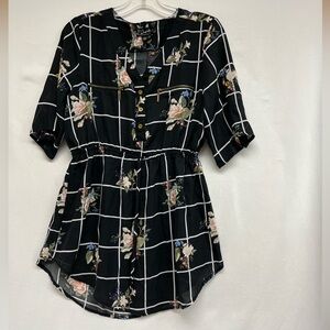 J for Justify Floral Windowpane Blouse - Black & Gold Zipper - Size L